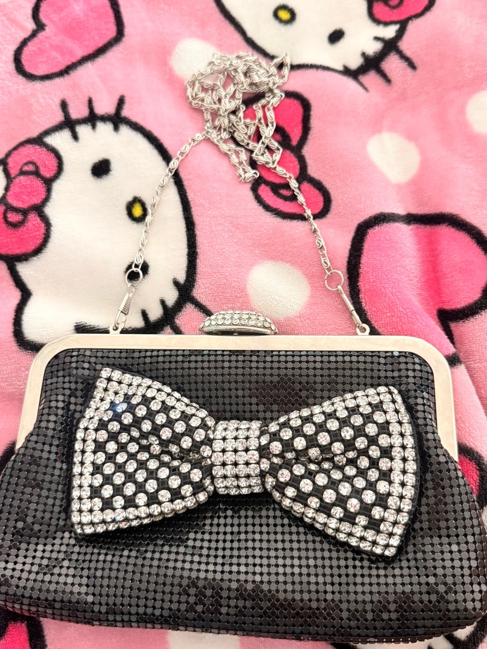 Sparkling Black Bow Clutch Handbag and Cross Body Bag with Silver Chain